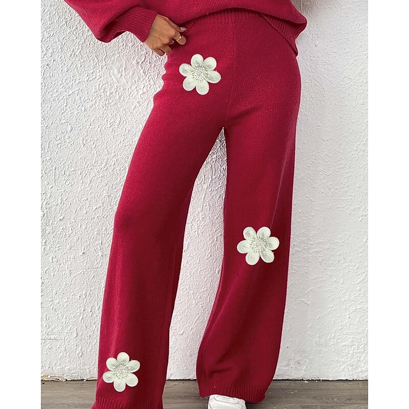 Women's Wide Leg Slacks Streetwear Casual Full Length Natural Flower Elastic Waist Printing Soft Street Holiday Weekend Wine Black Coffee Winter Regular Fit3