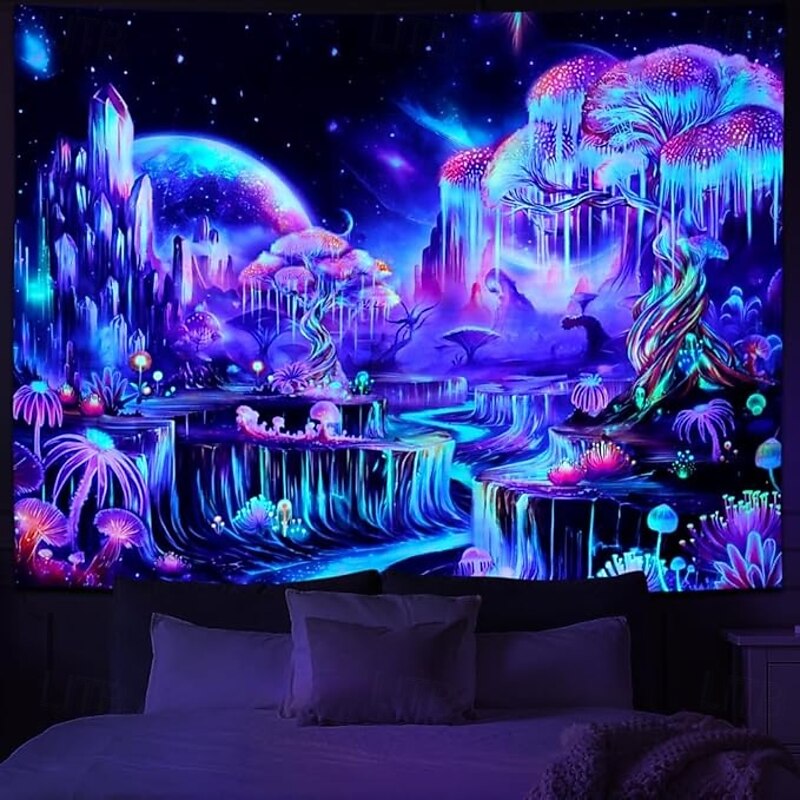 Trippy Galaxy Waterfall Tapestry – Glow in the Dark Blacklight Wall Hanging for Bedroom or Living Room Decor