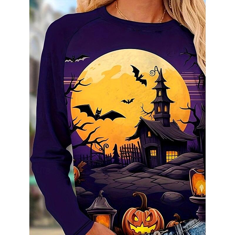 Halloween Women's T Shirt Castle Graphic Vintage Stylish Classic Long Sleeve Round Neck Regular Tops Daily Weekend Print Purple Fall Winter3