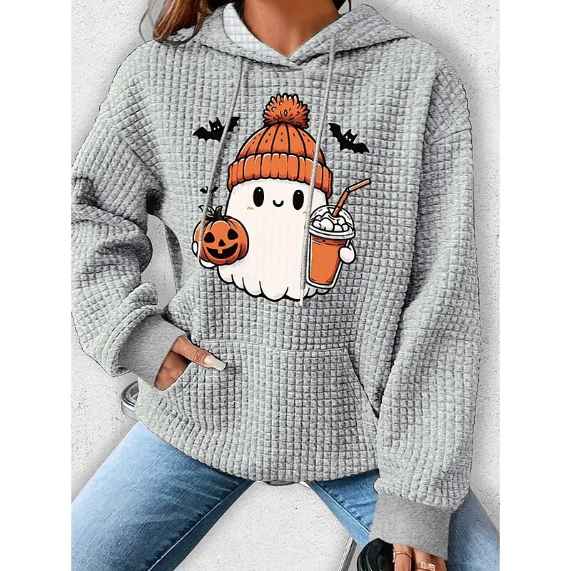 Halloween Women's Hoodies Casual Long Sleeve Hooded Regular Tops Street Dailywear Casual Pocket Print White Dark Blue Gray Fall Winter3