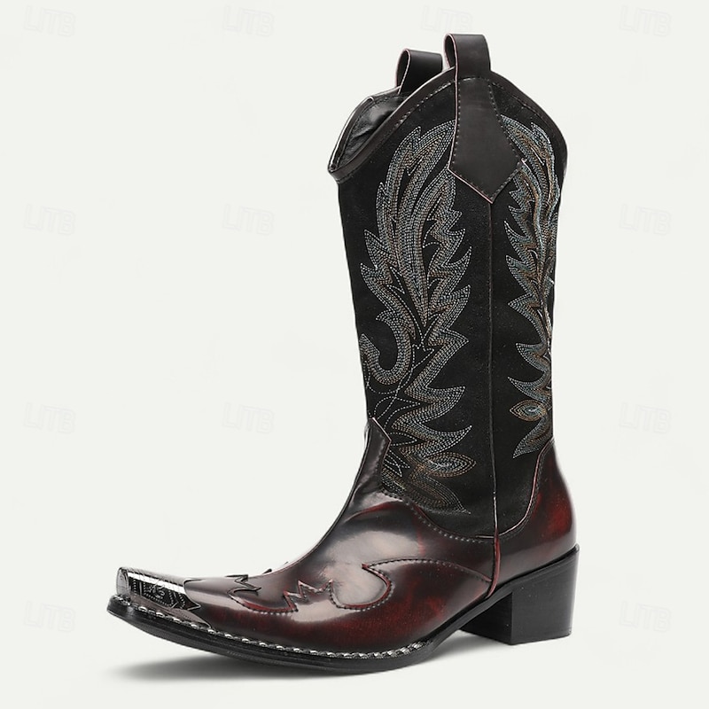 Men's Burgundy and Black Western Boots – Classic Two-Tone Cowboy Boots with Embroidery for Ranch Wear, Rodeos and Country Weddings2