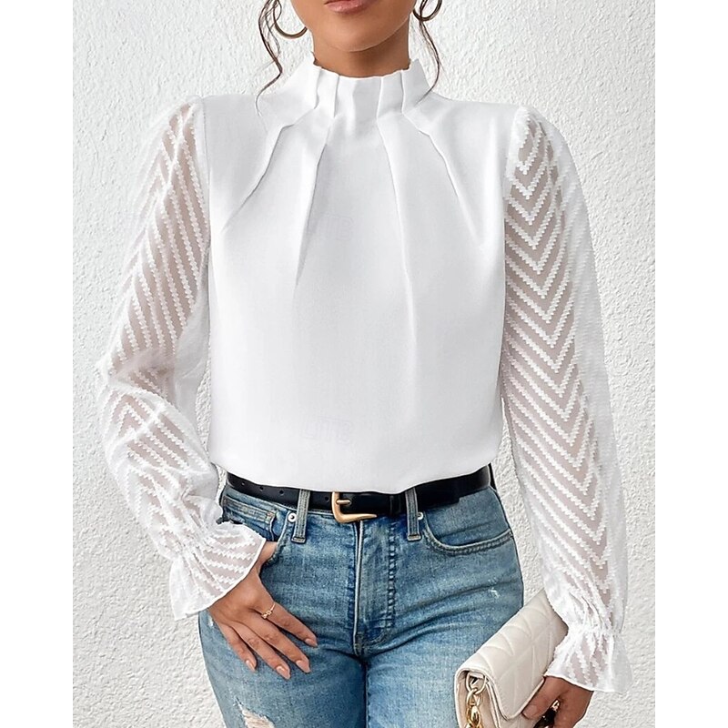 Women's Shirt Blouse Plain Modern Casual Long Sleeve High Neck Regular Tops Daily Going out Patchwork Black White Navy Blue Beige Fall4