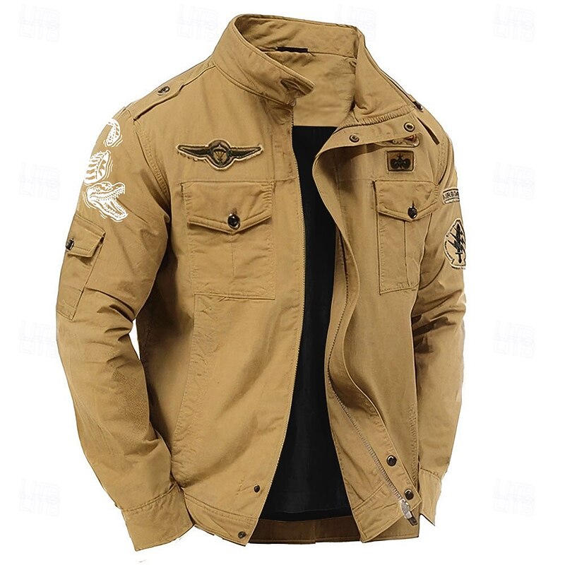 Men's Cotton Embroidered Military Jacket Windbreaker with Shoulder Straps Long Sleeve Standing Collar Multi-Pockets Trucker Jacket Crocodile Print Tactical Outerwear3