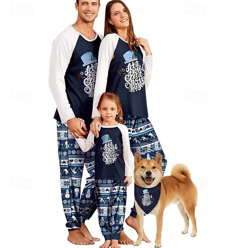 Family Pajamas Christmas Pattern Home Print Navy Blue Long Sleeve Active Matching Outfits