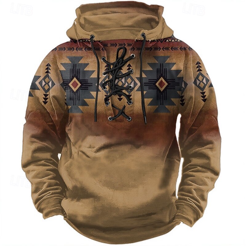 Men's Aztec Tribal Hoodies Ethnic Vintage Retro Long Sleeve Hooded Blue Brown Drawstring Fall Winter Designer