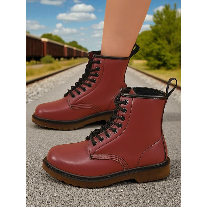 Women's Red Lace - Up Ankle Boots – Timeless & Tough Style for Women in Train - Track Explorations, Biker Trips & Autumn Adventures