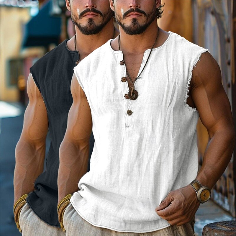 Men's Henley Shirt Vest Top Linen Tank Top Sleeveless Shirt Sleeveless Henley Summer Plain Fashion Designer Bohemian 2 Piece Vacation Casual Going out White+khaki Black+ Khaki Blue+Khaki Top Tee for4