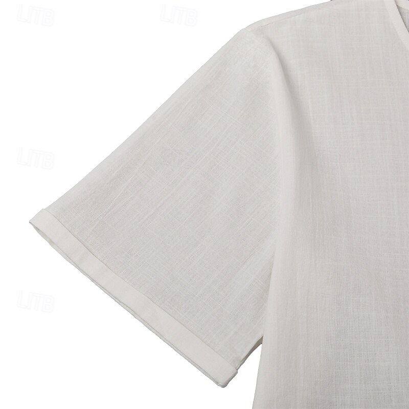 Men's Shirt Linen Shirt Summer Shirt Beach Shirt Solid Color Vacation Curise Black White Short Sleeve Round Neck Summer Spring Clothing Apparel4