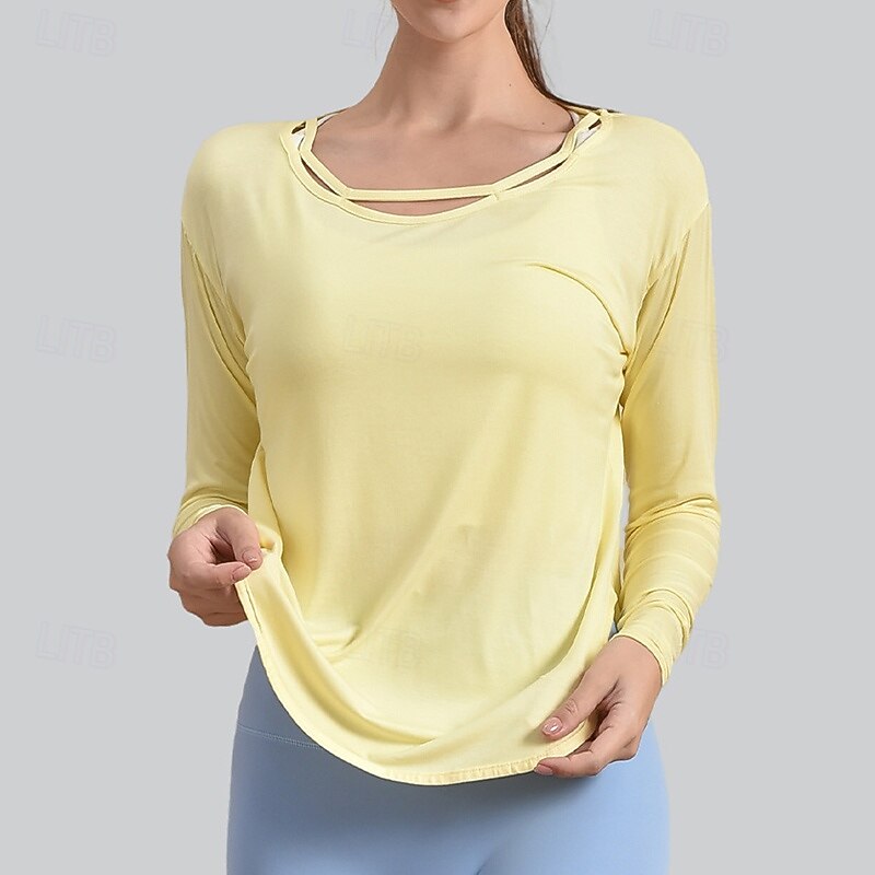 Women's Yoga Shirts Crew Neck Breathable Long Sleeve Sports Solid Color Top For Gym Running Fitness Activewear3