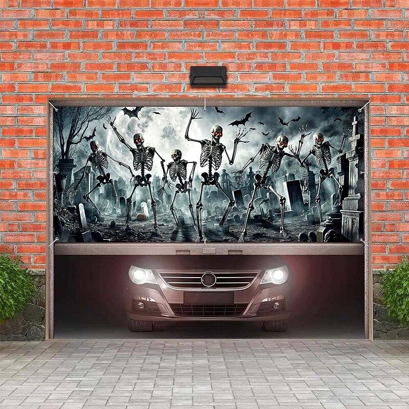 Halloween Garage Door Cover Large Hanging Backdrop Skeleton Cemetery 3D Dark Punk Gothic Style Party Outdoor Shooting Backgrounds Front Door Home Decor4