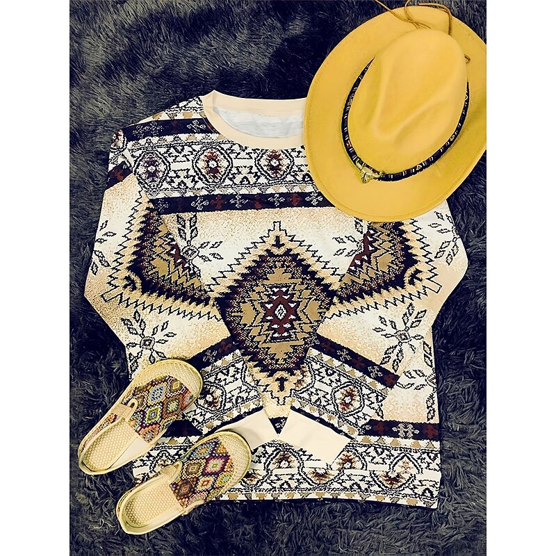 Women's Pullover Sweatshirt Graphic Geometric Tribal Warm Active Vintage Long Sleeve Crew Neck Regular Tops Street Dailywear Casual Patchwork Print Brown Spring Fall Winter