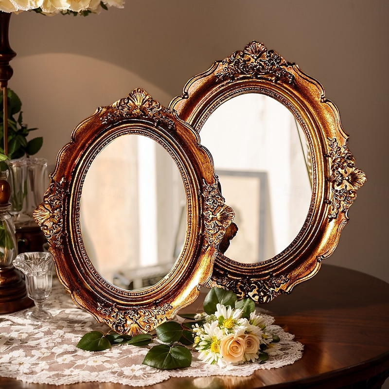 Vintage Oval Mirror with Antique Bronze Resin Frame – Baroque-Style Decorative Mirror for Vanity, Jewelry Display, or Photography Prop