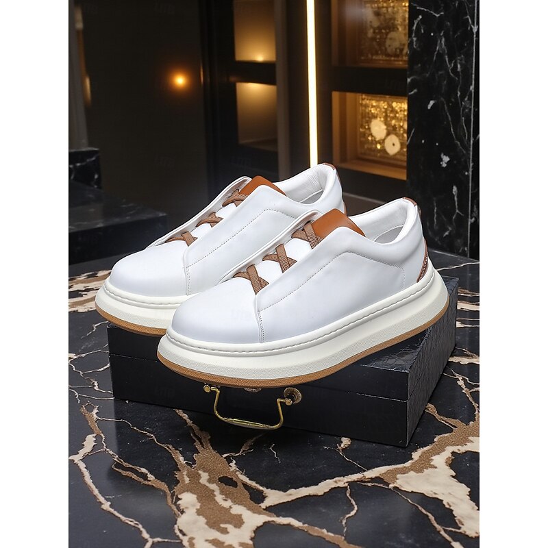 Men's Slip-On Sneakers - Faux Leather Casual Low-Top Shoes with Elastic No-Lace Design, Contrast Brown Accents, and Chunky Sole for Urban Streetwear, Travel, and Fashionable Everyday4