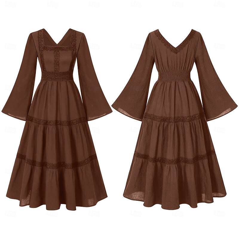 Retro Vintage Medieval Renaissance Dress Chemise OverDress Bell Sleeve Viking Celtic Knight Square Neck Fancy Dress Women's Celtic Fantasy Halloween Carnival Performance Party LARP Adults Dress3