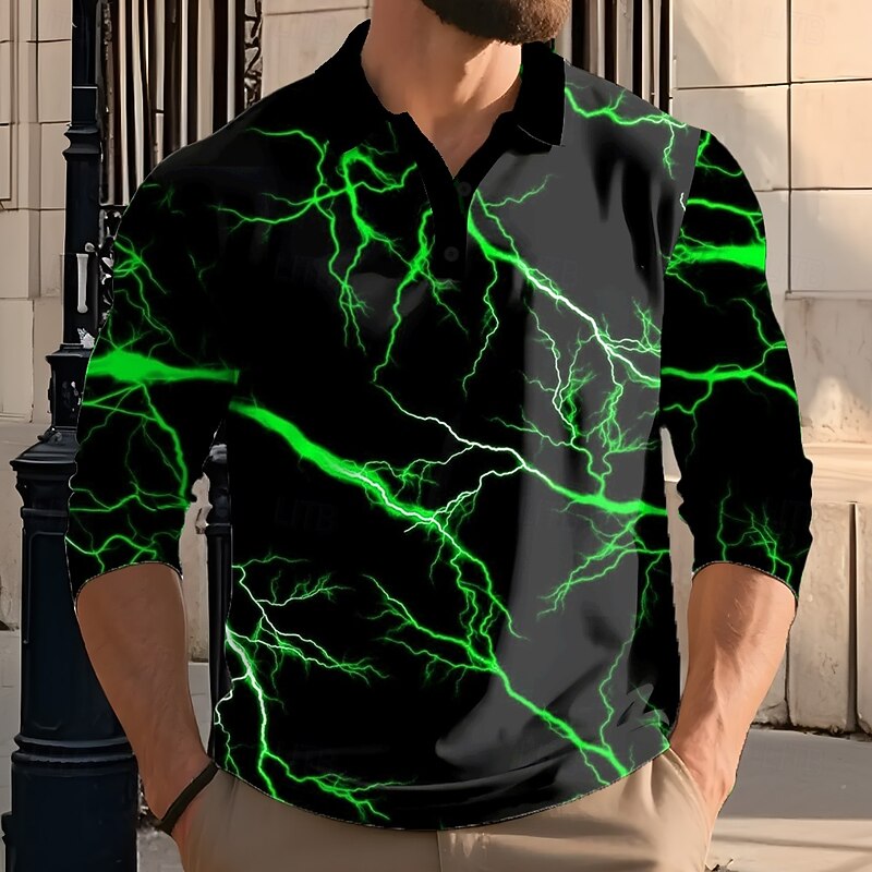 Men's Lightning Polo Long Sleeve Polo Shirts Lapel Casual Outdoor Street Athleisure Daily Wear 3D Print Buttons Spring Fall Winter Yellow Red Green - Main Image