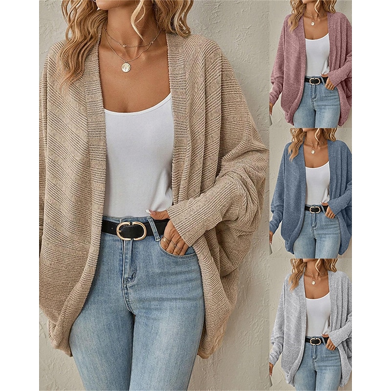 Women's Sweater Cardigan Fashion Streetwear Daily Solid Color Ribbed Open Front Knitted Long Sleeve Regular Tops Knit Holiday Going out Weekend Black Pink Fall Winter