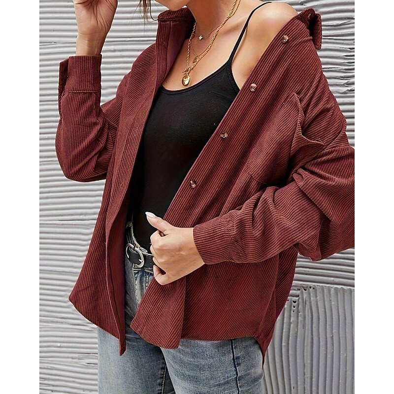 Women's Shirt Jacket Shacket Comfortable Pocket Buttons Casual Plain Outdoor Vacation Going out Weekend Single Breasted Regular Turndown Regular Fit Long Sleeve Outerwear Black Pink Wine Fall Winter3