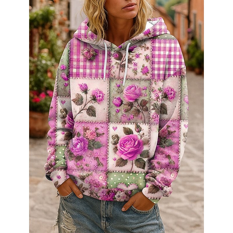 Women's 3D Print Vintage Boho Hoodie Patchwork Hoodie Sweatshirt Floral s Floral Graphic Vintage Casual Long Sleeve Hooded  Street Casual Going out Patchwork Pink Blue Purple Green Spring Fall Winter4