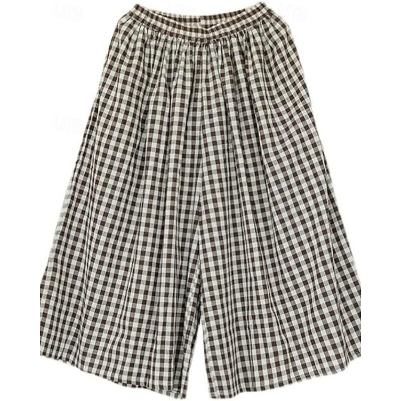 Women's Wide Leg Slacks Streetwear Casual Full Length Natural Plaid Pocket Elastic Waist Comfy Outdoor Vacation Going out Black & White Black Red Dark navy Fall Regular Fit2