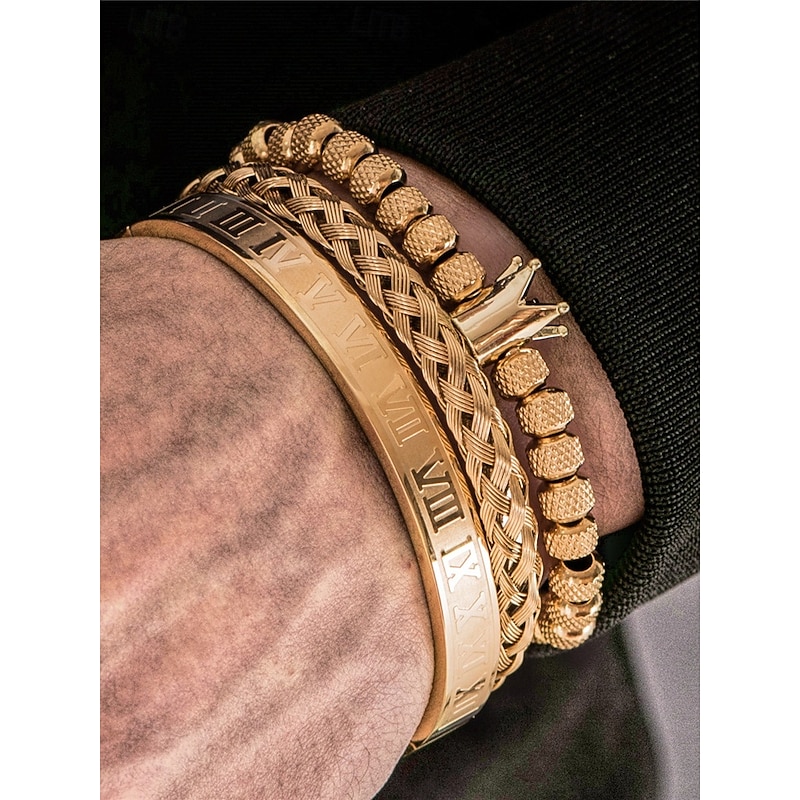 Men's Gold Stainless Steel Bracelet Set – 3-Piece Crown Beaded, Braided Cuff, and Roman Numeral Bangle for Fashionable Outfits, Parties and Special Occasions3