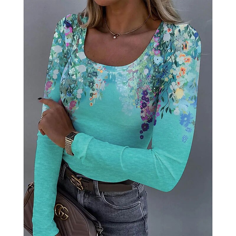 Women's T shirt Long Sleeve Ribbed Graphic Square Neck Long Sleeve Casual Tunic Floral Plants Vintage Stylish Regular Tops Daily Print Pink Blue Purple Orange Green Spring Fall Prefall