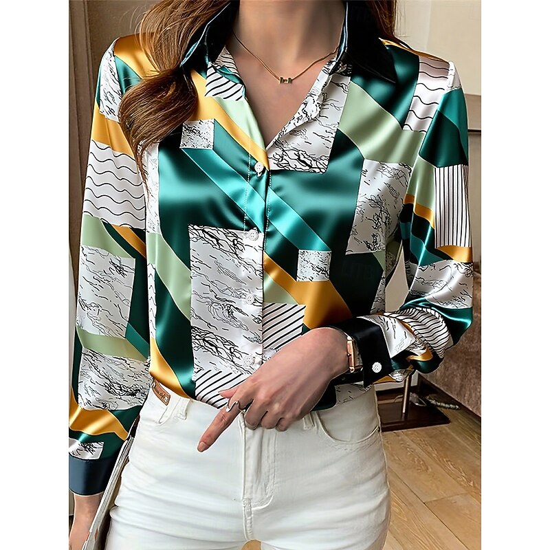 Women's Work Shirt Graphic Geometric Elegant Stylish Basic Long Sleeve Shirt Collar Regular Tops Work Daily Yellow Pink Green Summer Spring Fall Winter2
