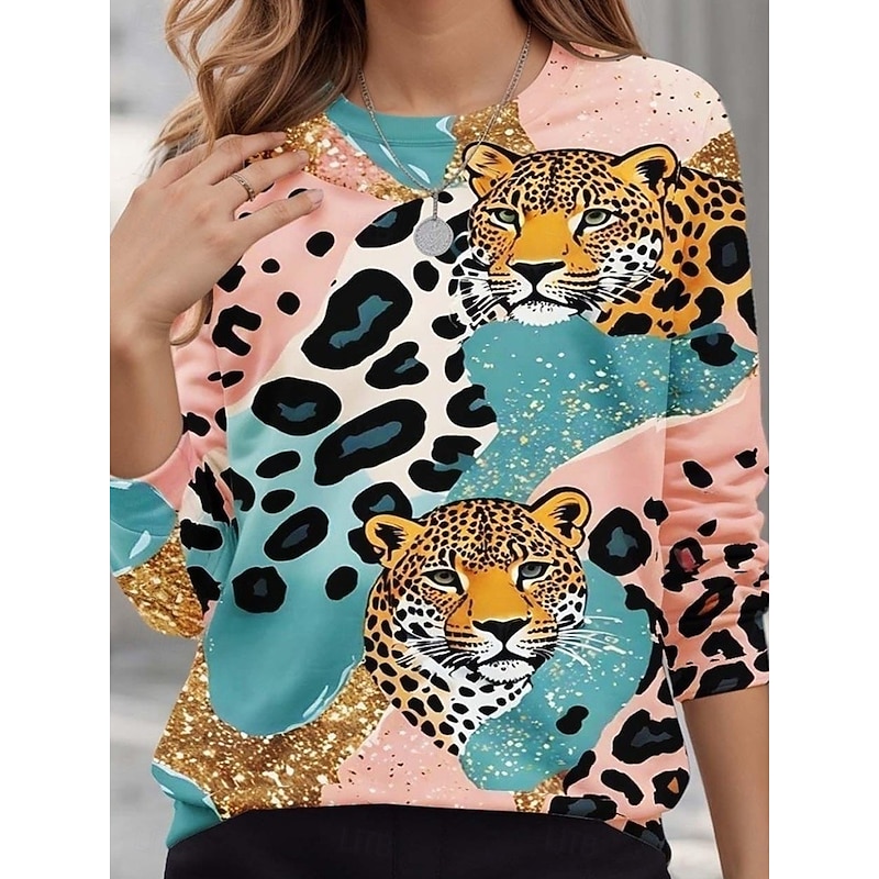 Women's Pullover Sweatshirts Animal Leopard Active Cute Classic Long Sleeve Crew Neck Round Neck Regular Tops Home Work Dailywear Print Pink Summer Spring Fall Spring, Fall, Winter, Summer2