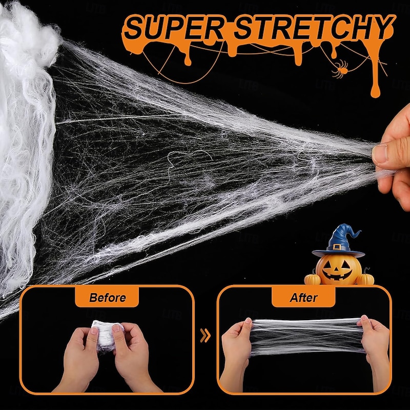 1800 sqft Halloween Spider Web, Bonus with 100 Artificial Spiders, Fabric Spider Webbing, Cobweb Halloween Decor for Indoor and Outdoor Party Supplies3