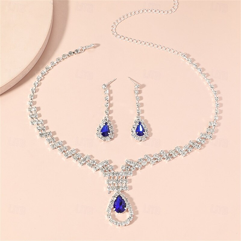Jewelry Set One-piece Suit Blue Rhinestone Rhinestone 1 Necklace Earrings Women's Elegant Vintage Fashion Vintage Style Classic Jewelry Set For Wedding Party Special Occasion3