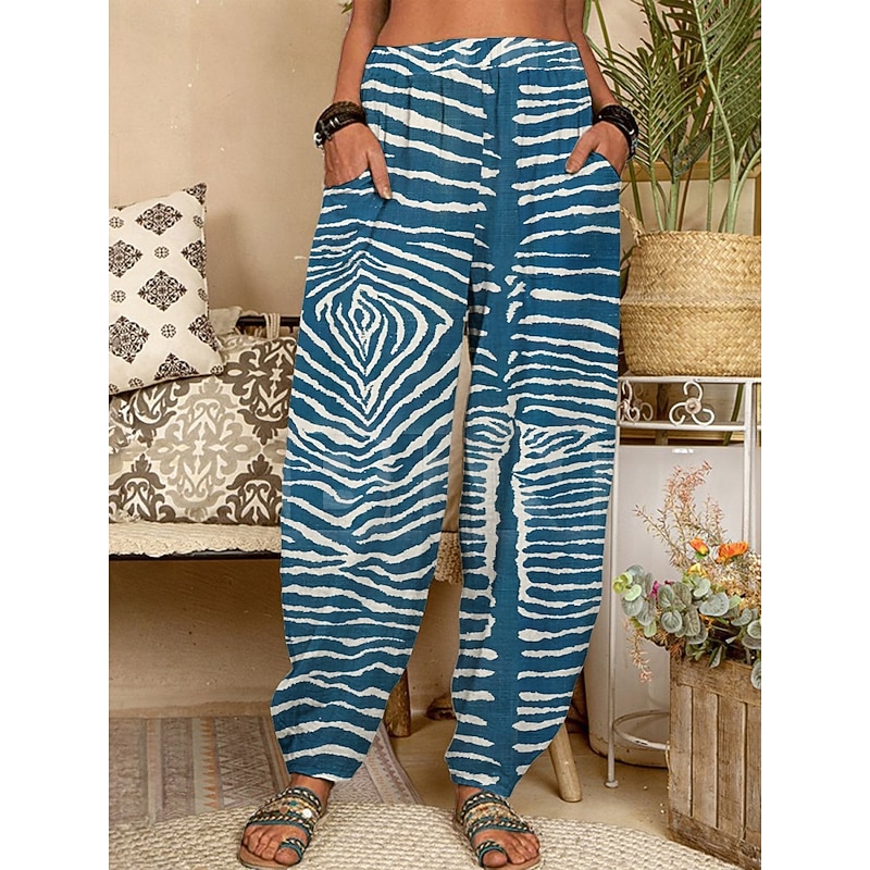 Women's Chinos Pants Trousers Active Fashion Long High Waist Geometry Pocket Elastic Waist Printing Breathability Soft Micro-elastic Vacation Street Daily Wear Blue Spring Fall Regular Fit