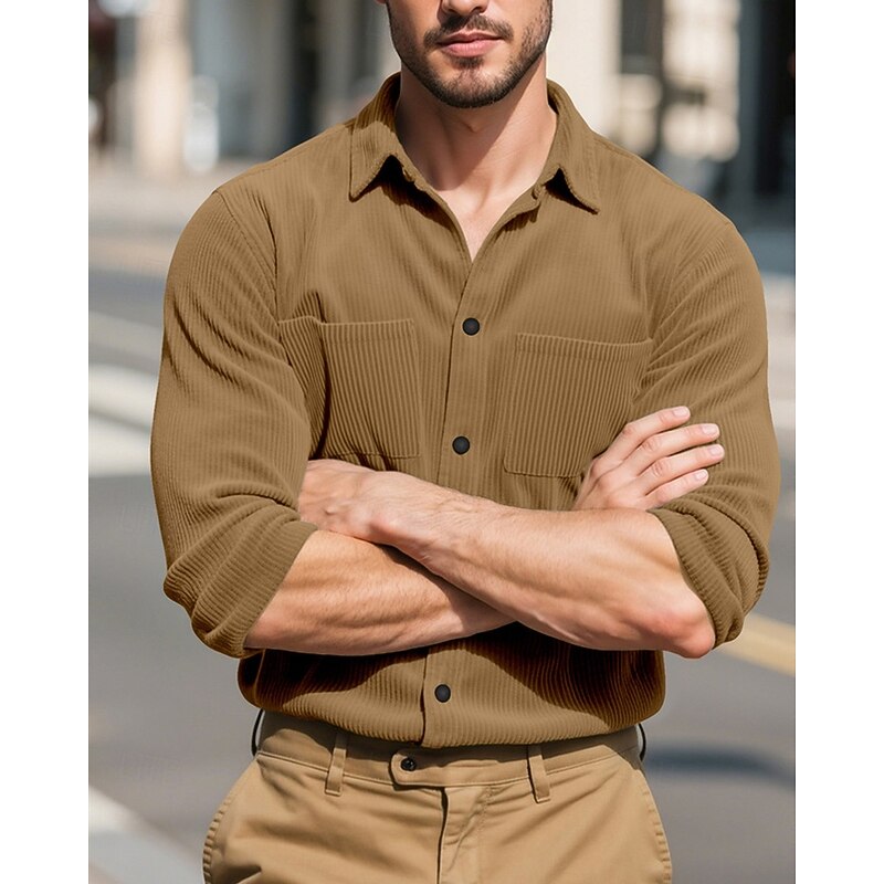 Men's Shirt Summer Shirt Casual Shirt Corduroy Shirt Button Up Shirt Black Navy Blue Camel Army Green Gray Long Sleeve Plain Lapel Vacation Hawaiian Pocket Clothing Apparel Polyester Fashion Casual