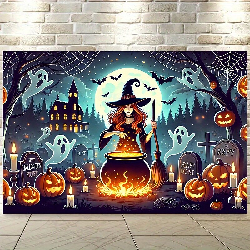 Witch at the Haunted Cabin Tapestry – Spooky Halloween Wall Hanging with Skulls, Lanterns & Gothic Doorway Scene2
