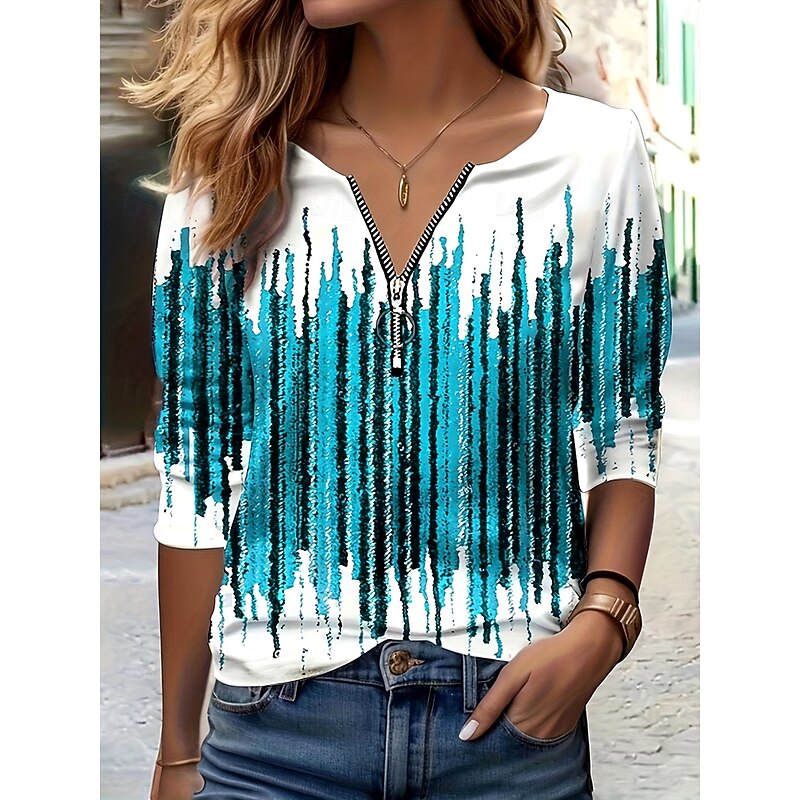 Women's T Shirt Ombre Graphic Striped Elegant Vintage Stylish Long Sleeve V Neck Round Neck Notched Neck Regular Tops Daily Weekend Zipper Print Blue Fuchsia Green Spring Fall Winter4