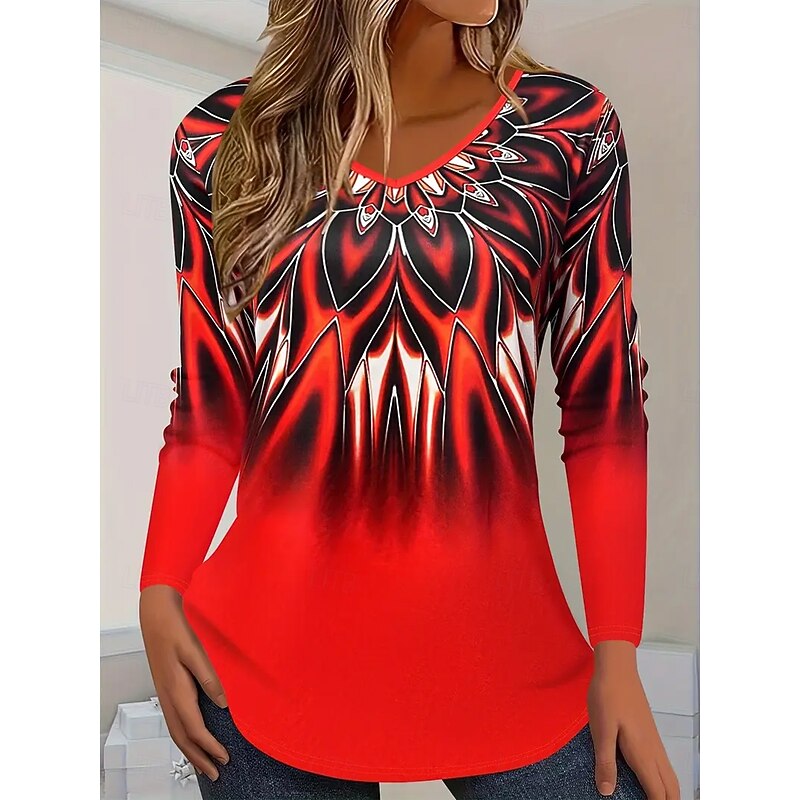 Women's T Shirt Ombre Graphic Abstract Vintage Stylish Classic Long Sleeve V Neck Regular Tops Daily Print Red Blue Orange Gray Spring Fall3