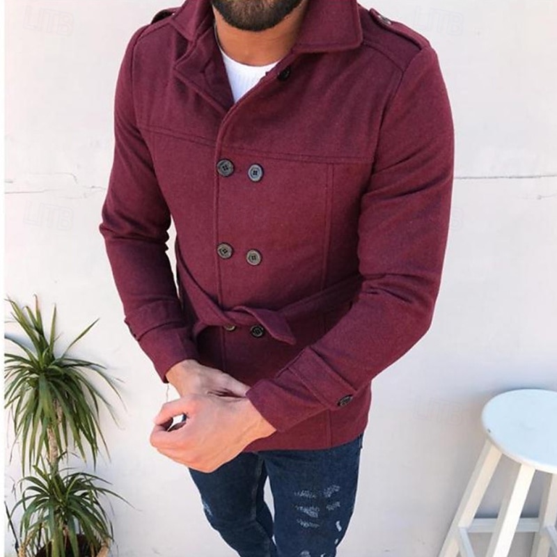 Men's Peacoat Trench Coat Vacation Daily Fall Winter Polyester Thermal Warm Outerwear Clothing Apparel Fashion Classic Plain Pocket Lapel Double Breasted4