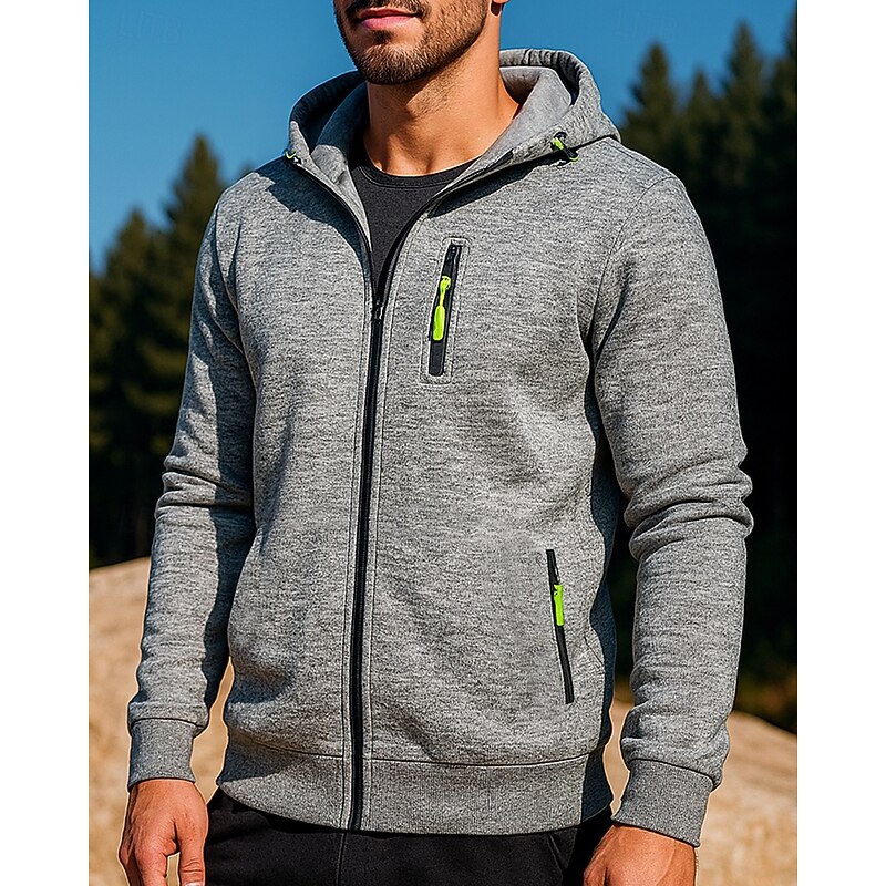 Men's Outdoor Jacket Hooded Jacket Pocket Full Zip Long Sleeve Top Athleisure Fall Solid Colored Windproof Workout Outdoor Training Sportswear Activewear Black Red Blue