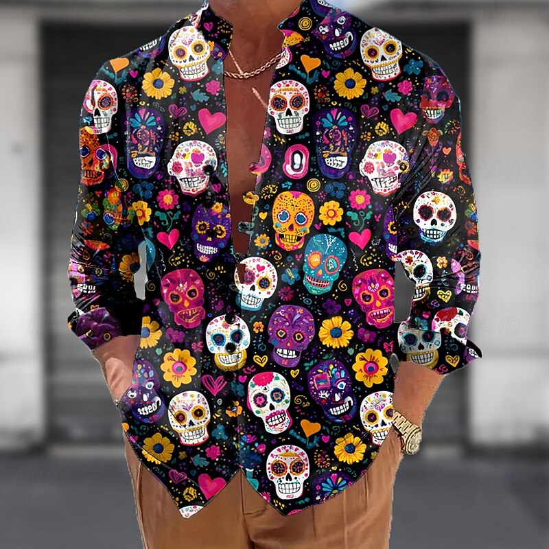 Men's Skull Day of the Dead Rose Shirt Stand Collar Shirt Long Sleeve Dark Gothic Style Outdoor Holiday Spring Fall Mandarin Collar Band Collar Button-Down Linen Like Shirt Blue Purple Green