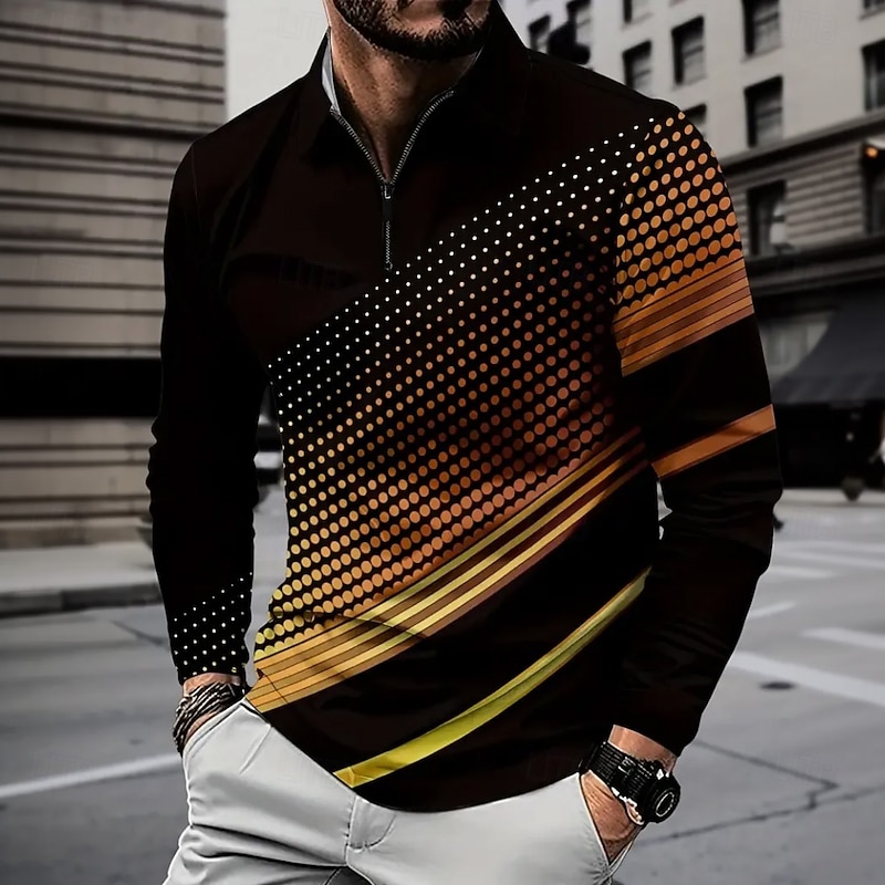 Men's Geometric Polo Long Sleeve Turndown Modern Leisure Athleisure Casual Daily Zipper 3D Print Spring Fall Winter Black - Main Image