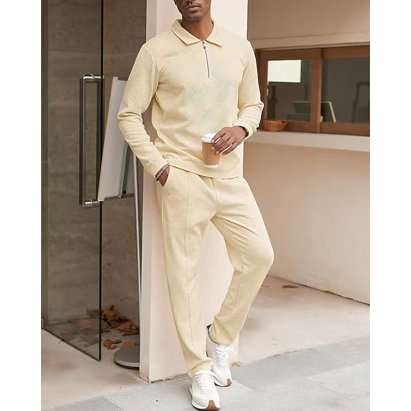 Men's Polo Shirts Quarter Zip Polo Daily Wear Date Quarter Zip Long Sleeve Fashion Basic Plain Jacquard Zipper Spring Fall Regular Fit Black White Dark Green Light Grey Beige Coffee Polo Shirts