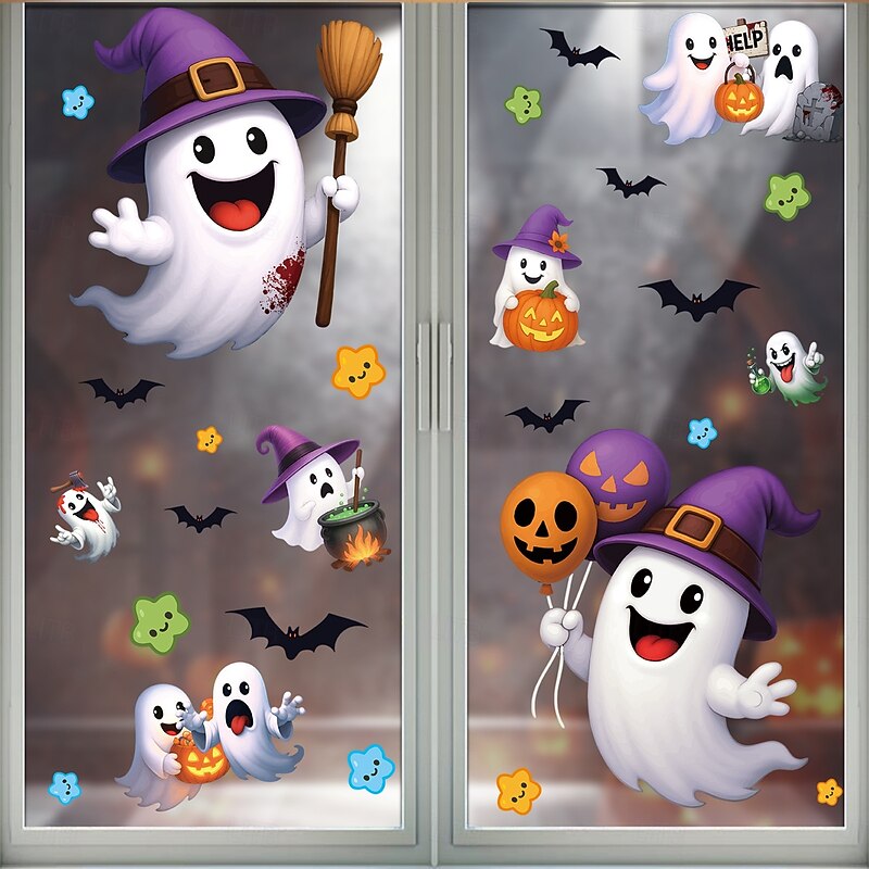 2 Sheets Halloween Window Cling Wall Sticker Decals Decorations, Creative Cartoon Spiders, Ghosts, Pumpkins & Bats, Static Cling, Halloween Party Home Decor