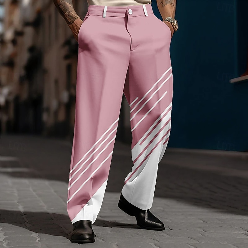 Men's Geometric Striped Dress Pants Trousers Suit Pants Mid Waist Casual Dailywear Holiday Relaxed Fit Flat Front Dress Pants with Side Pockets Spring Fall 3D Print Black Pink Blue