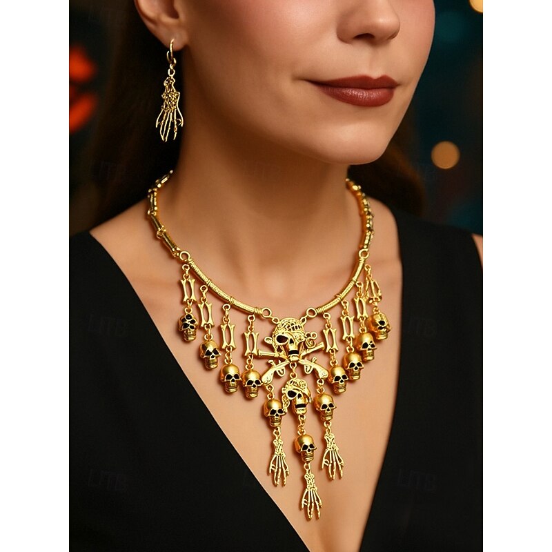 Women's Halloween Skull and Skeleton Necklace Set - Delicate Skull and Bones Pendant - Perfect for Halloween Parties and Costumes