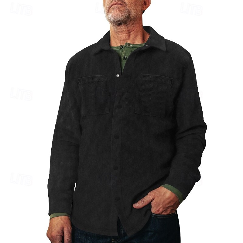 Men's Shirt Casual Shirt Beach Shirt Corduroy Shirt Button Up Shirt Black Army Green Gray Long Sleeve Plain Lapel Vacation Hawaiian Pocket Clothing Apparel Polyester Fashion Casual Comfortable4