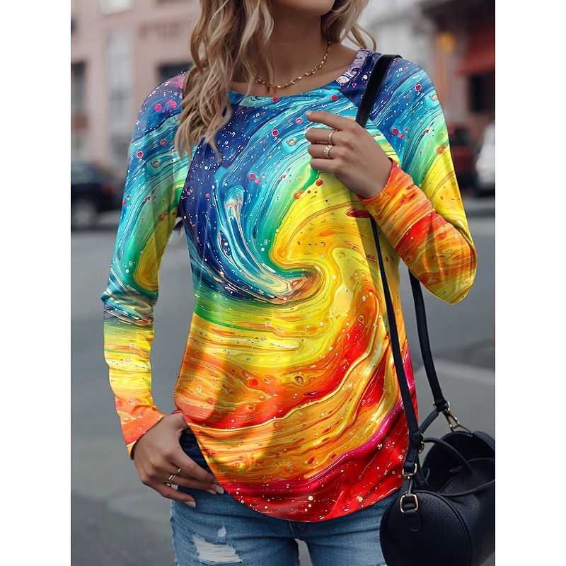 Women's T Shirt Graphic Geometric Vintage Stylish Casual Long Sleeve Crew Neck Regular Tops Daily Weekend Print Yellow Red Purple Green Spring Fall Winter
