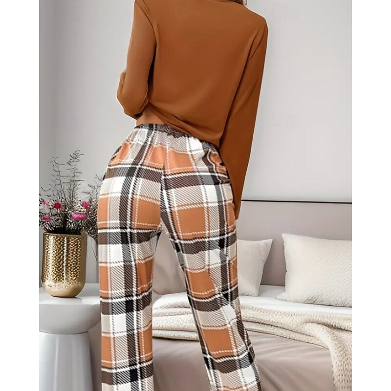 Women's Active Fashion Blouse Pants Sets Long Sleeve Crew Neck Plaid Print Outdoor Holiday Black Red Purple Fall Regular Fit4