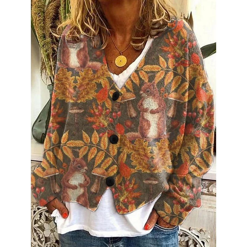 Women's Cardigan Vacation Daily Casual Floral Ribbed V Neck Buttons Print Long Sleeve Regular Tops Knit Outdoor Daily Holiday Blue Orange Fall Winter4