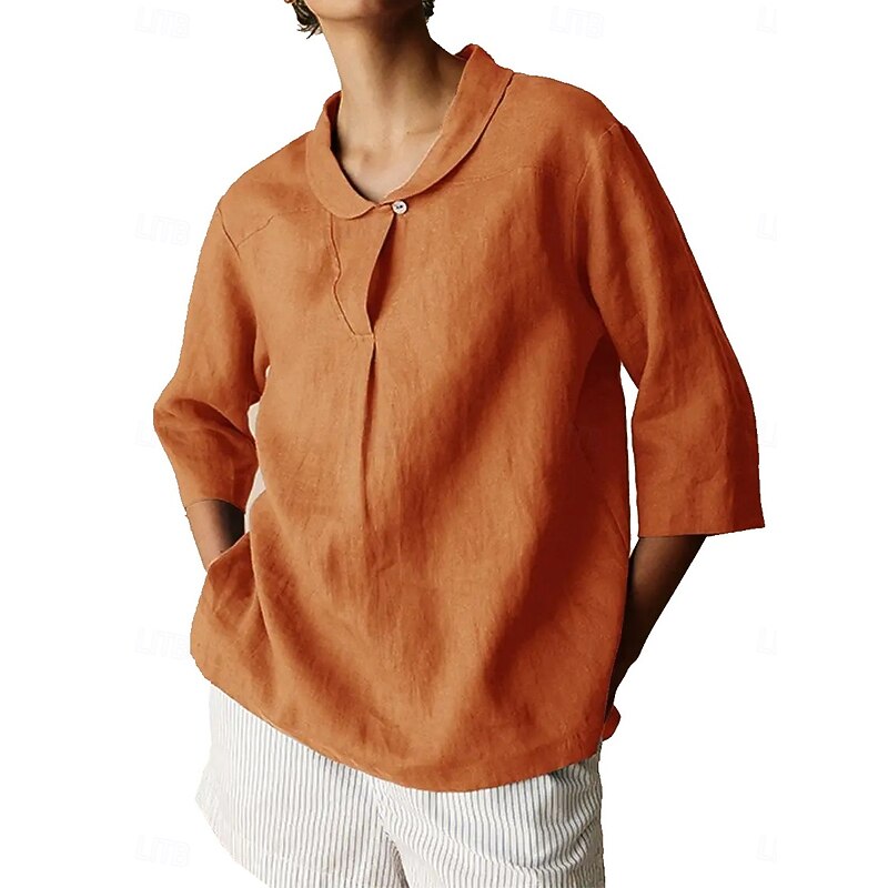 Women's Cotton Linen Shirts Plain Daily Modern 3/4 Length Sleeve Shirt Collar Regular Tops Daily Buttons Black Orange Brown Khaki Gray Summer Spring Fall