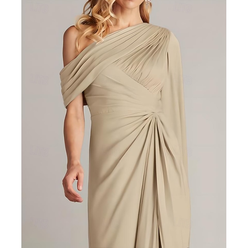 Sheath / Column Mother of the Bride Evening Gown Elegant Dress with Cape Overlay Formal Wedding Guest Floor Length Sleeveless One Shoulder Satin with Pleats Ruffles2