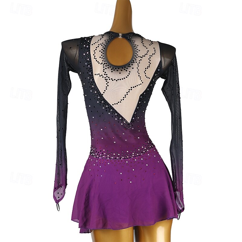 Figure Skating Dress Women's Girls' Ice Skating Dress Purple Patchwork Open Back Mesh Spandex High Elasticity Training Practice Professional Skating Wear Classic Crystal / Rhinestone Long Sleeve Ice4