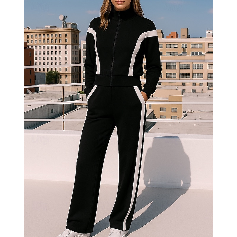 Women's Sweatpants Zip Up Tracksuit Sportswear with Pocket Stripes Clothing Suit Fall Black White Outdoor Travel Sports High Waist Fashion Long Sleeve Sport Activewear Micro-elastic Regular Fit2